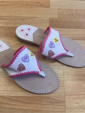 Jack Rogers White Leather Sandals with Pink Trim and Multicolor Heart Embroidery